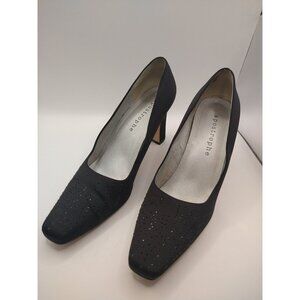 Apostrophe Womens Black Fabric Block Heels With Rhinestone Toe Design Square Toe